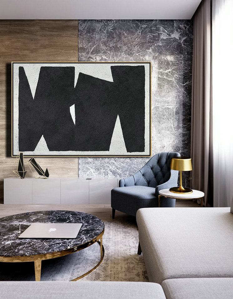 Acrylic Painting On Canvas,Oversized Horizontal Minimalist Geometric Art On Canvas, Black And White Minimalist Painting - Large Contemporary Painting